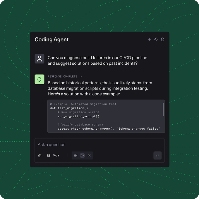 An AI coding agent diagnosing a CI/CD build failure and proposing a fix with a code example.